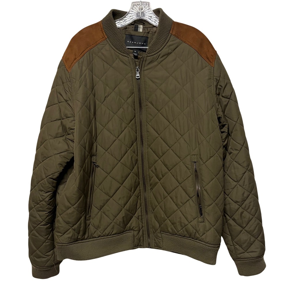 Sean John Green Quilted Bomber Jacket Tan Faux Suede Shoulder Sz XL Flaw C-Photo